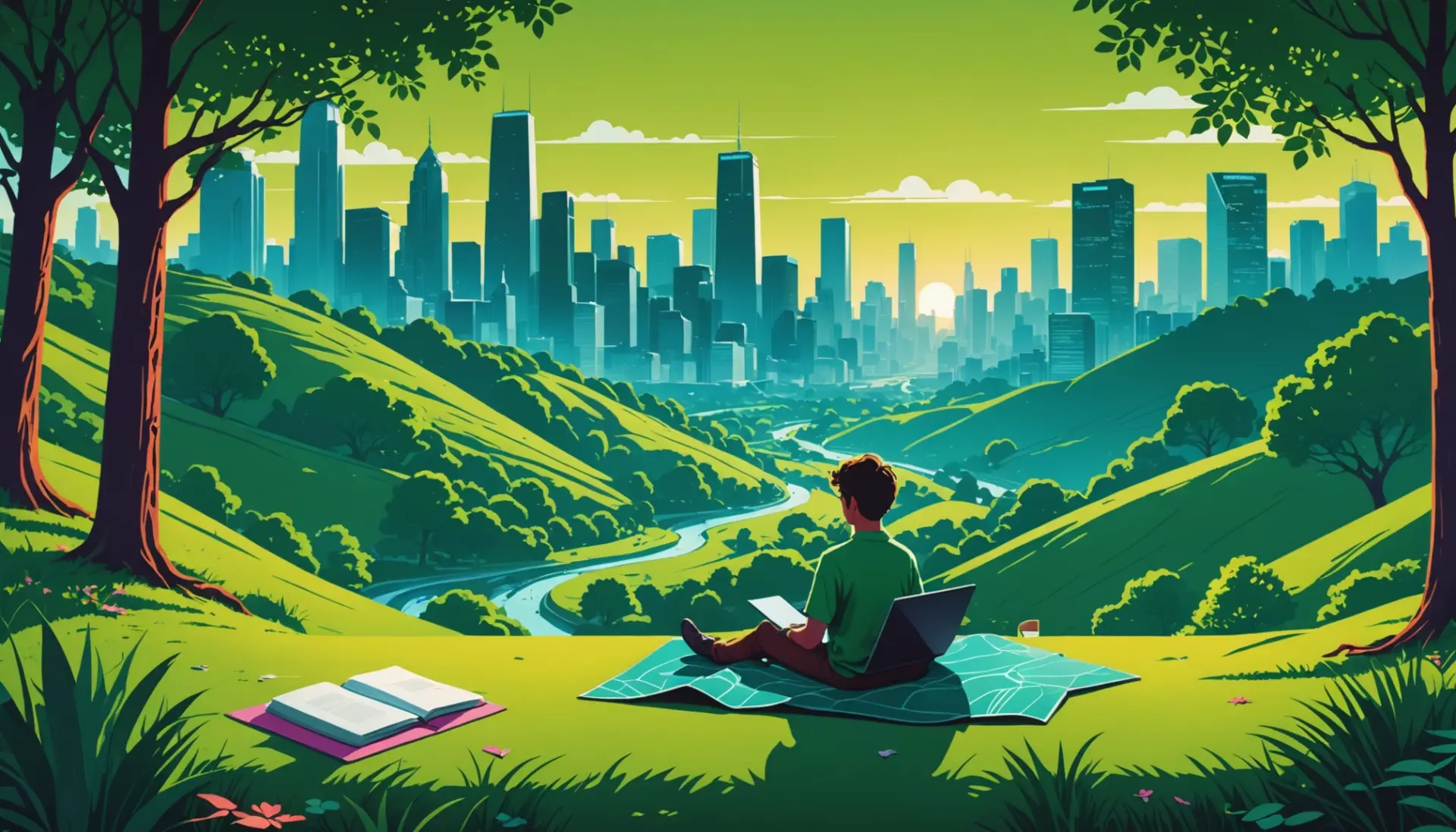 Editorial illustration showing a small valley and a laptop, representing what does dell mean