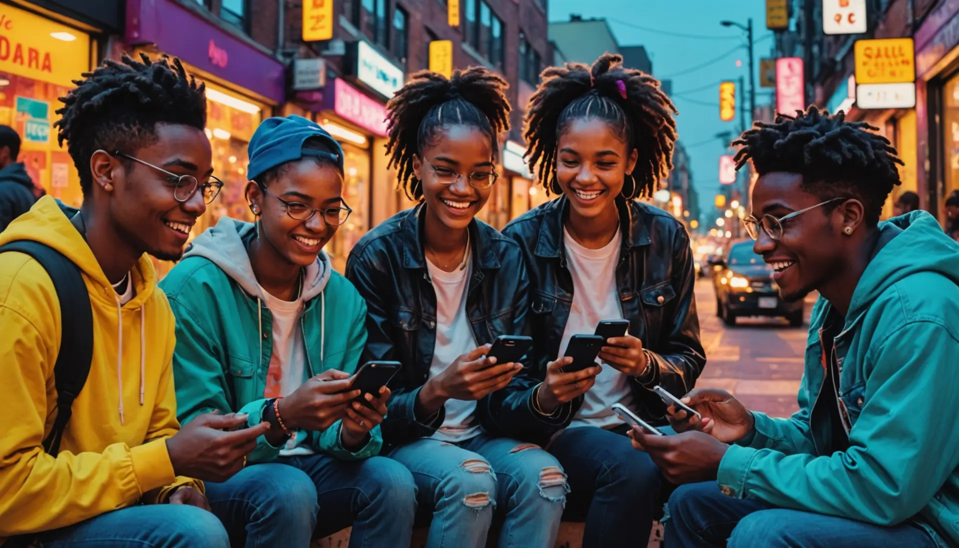 Vibrant editorial scene illustrating young people on phones, searching msog meaning urban dictionary