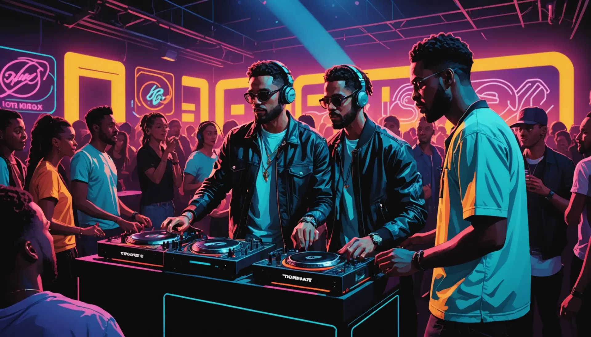 Editorial illustration of DJs at a party with the phrase djs urban dictionary in context