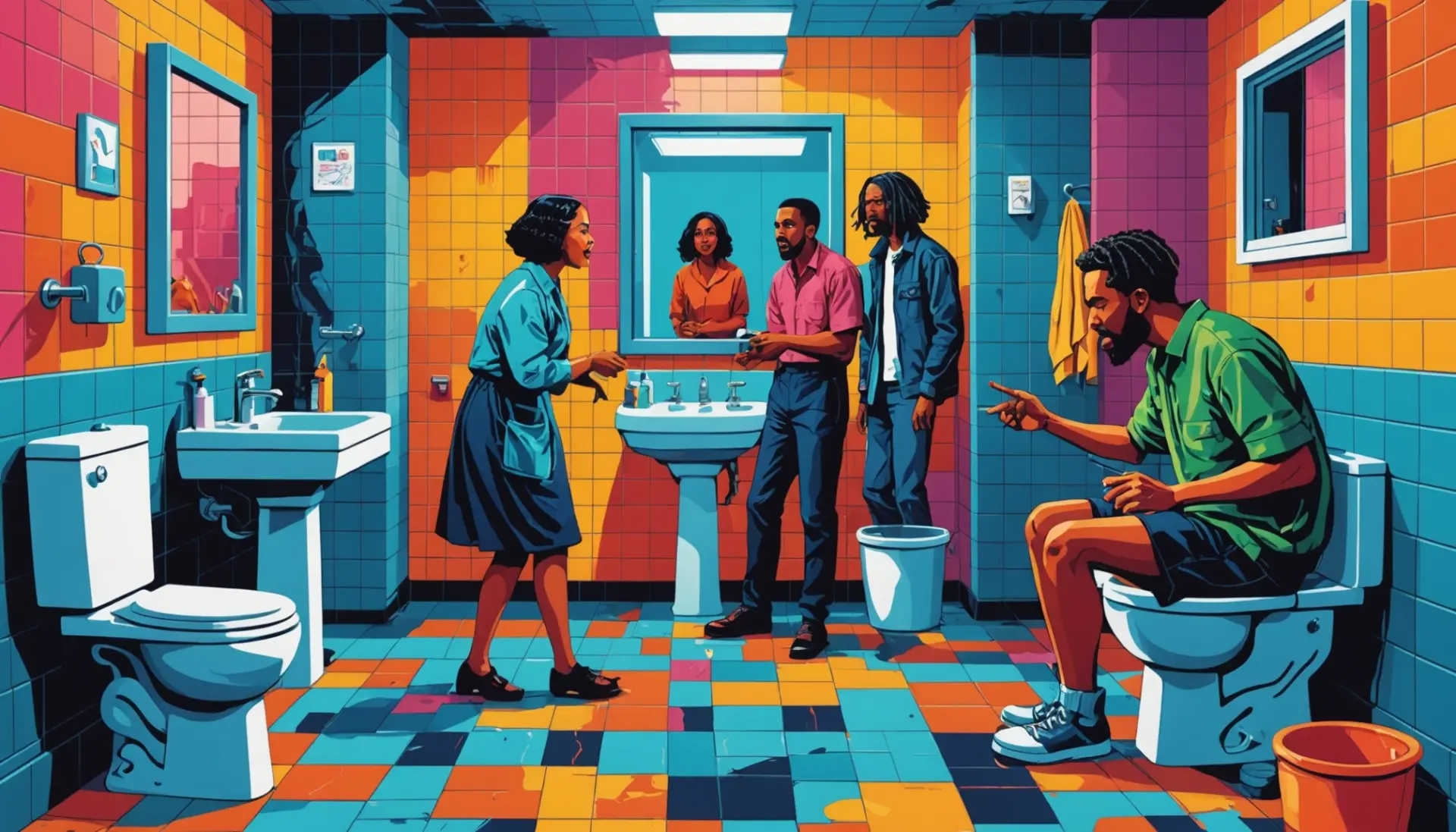 Editorial illustration showing a bathroom scene hinting at the phrase what is a brown shower slang without explicit content