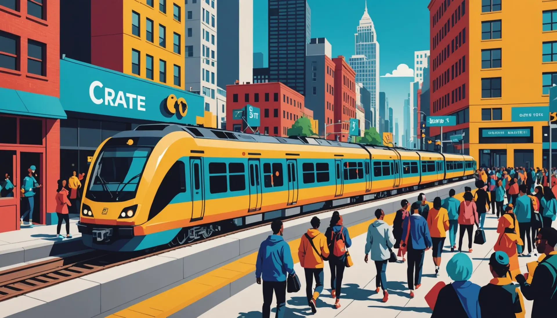 Editorial illustration showing commuters and a small train, capturing the shortline meaning slang