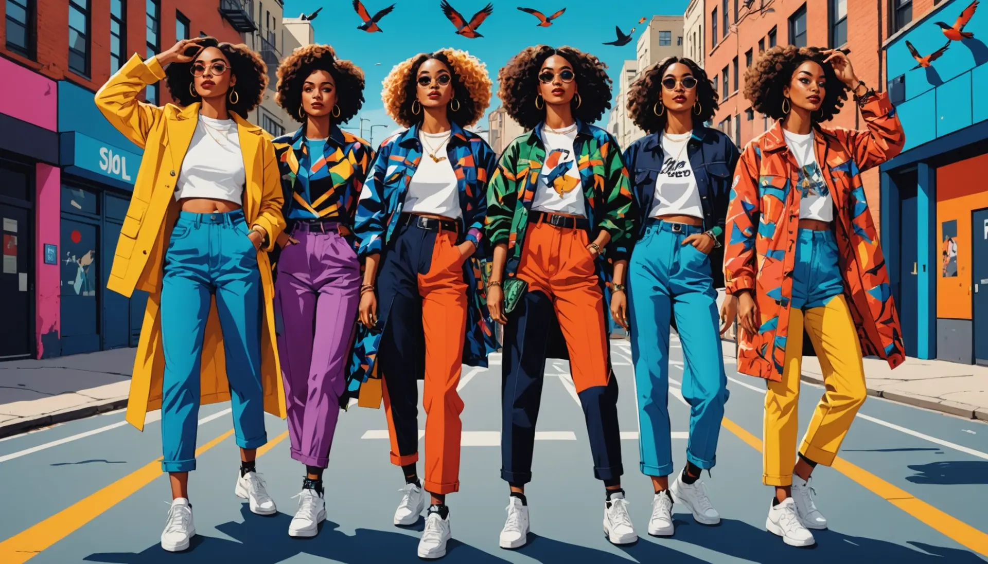 Editorial illustration of women in street-style poses with the phrase bird slang for woman implied