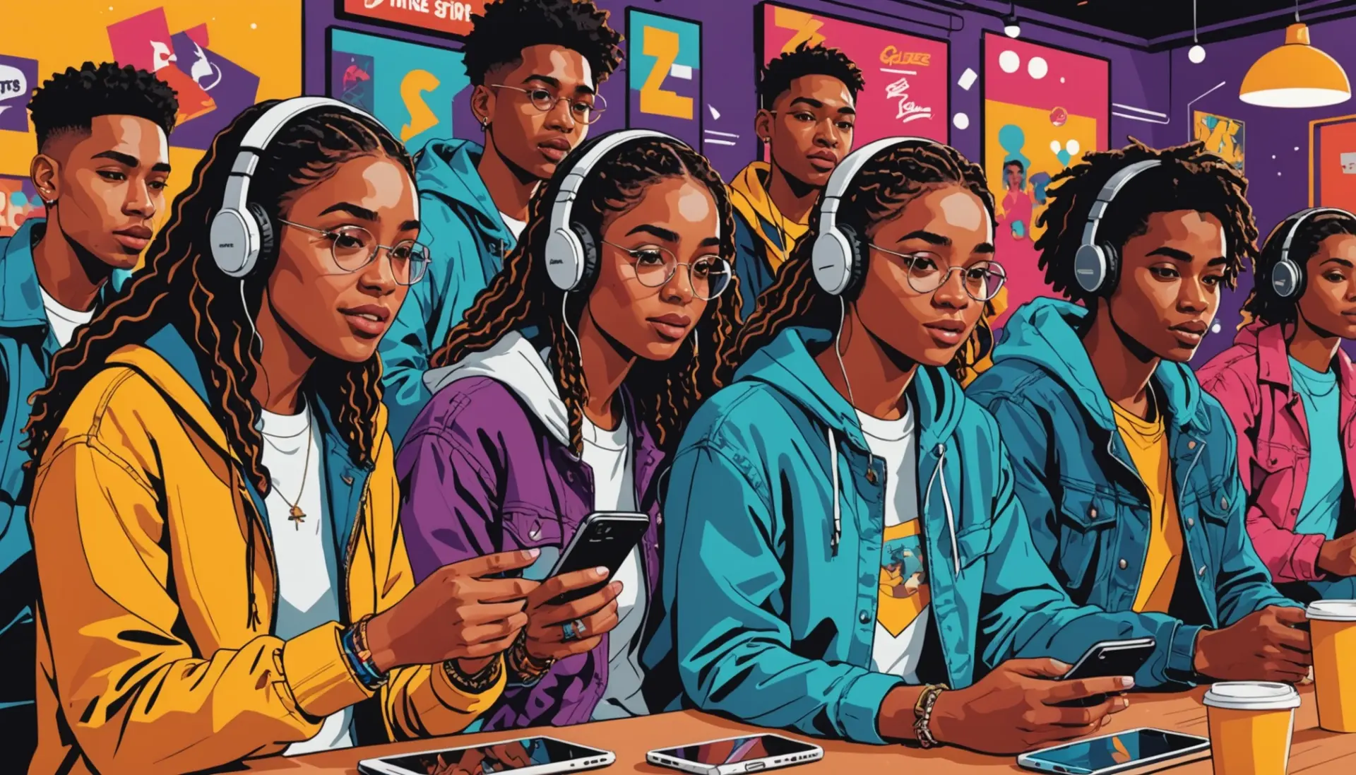 Vibrant editorial illustration showing young people texting 'what does fs mean' with slang icons featured