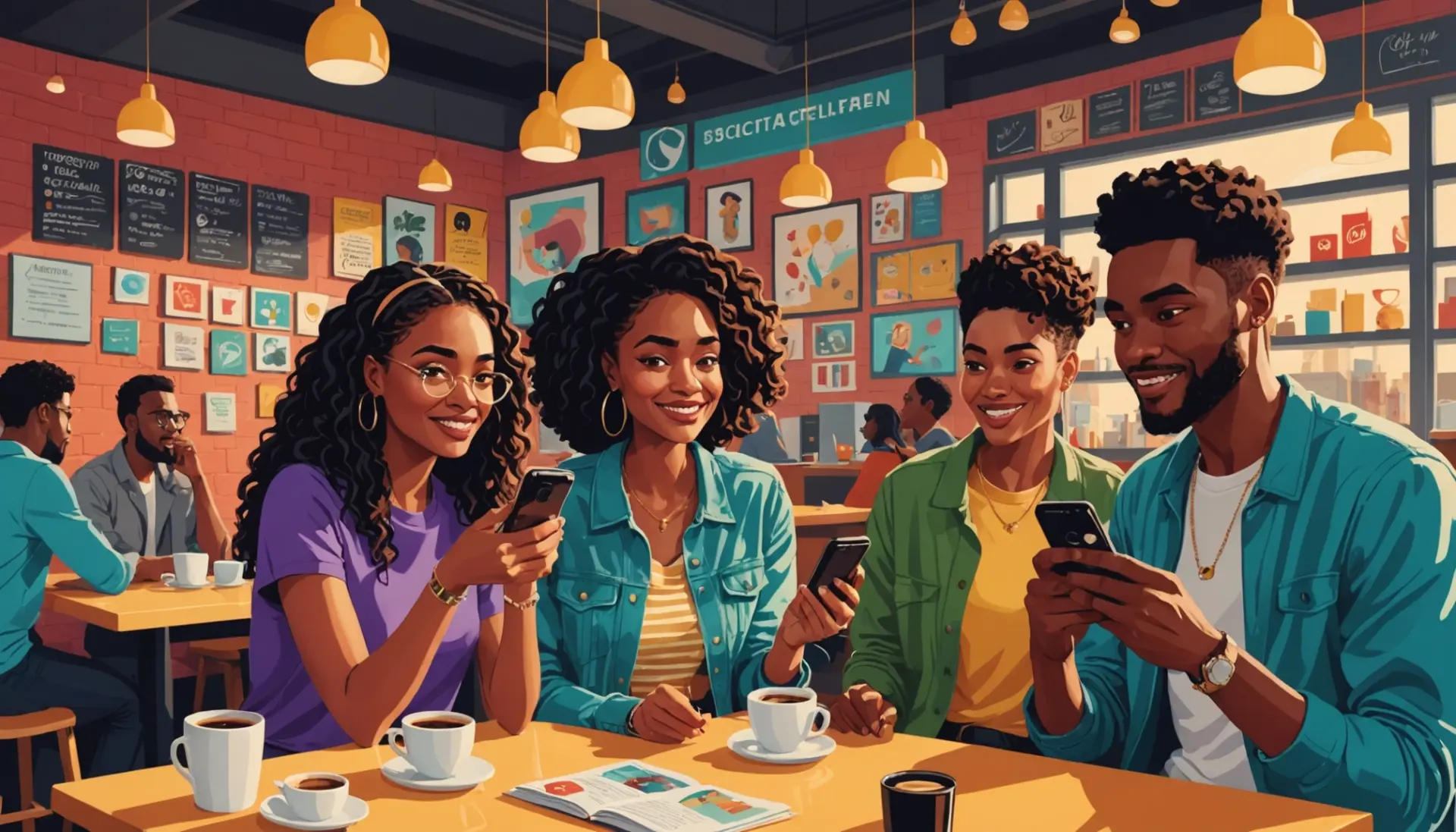 Editorial illustration showing people reacting to a Snapchat story with the phrase what does eyeballs mean on snapchat story