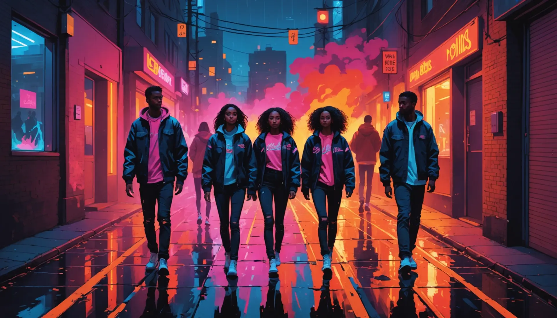 Editorial illustration showing people walking a neon path of embers, representing firewalk slang