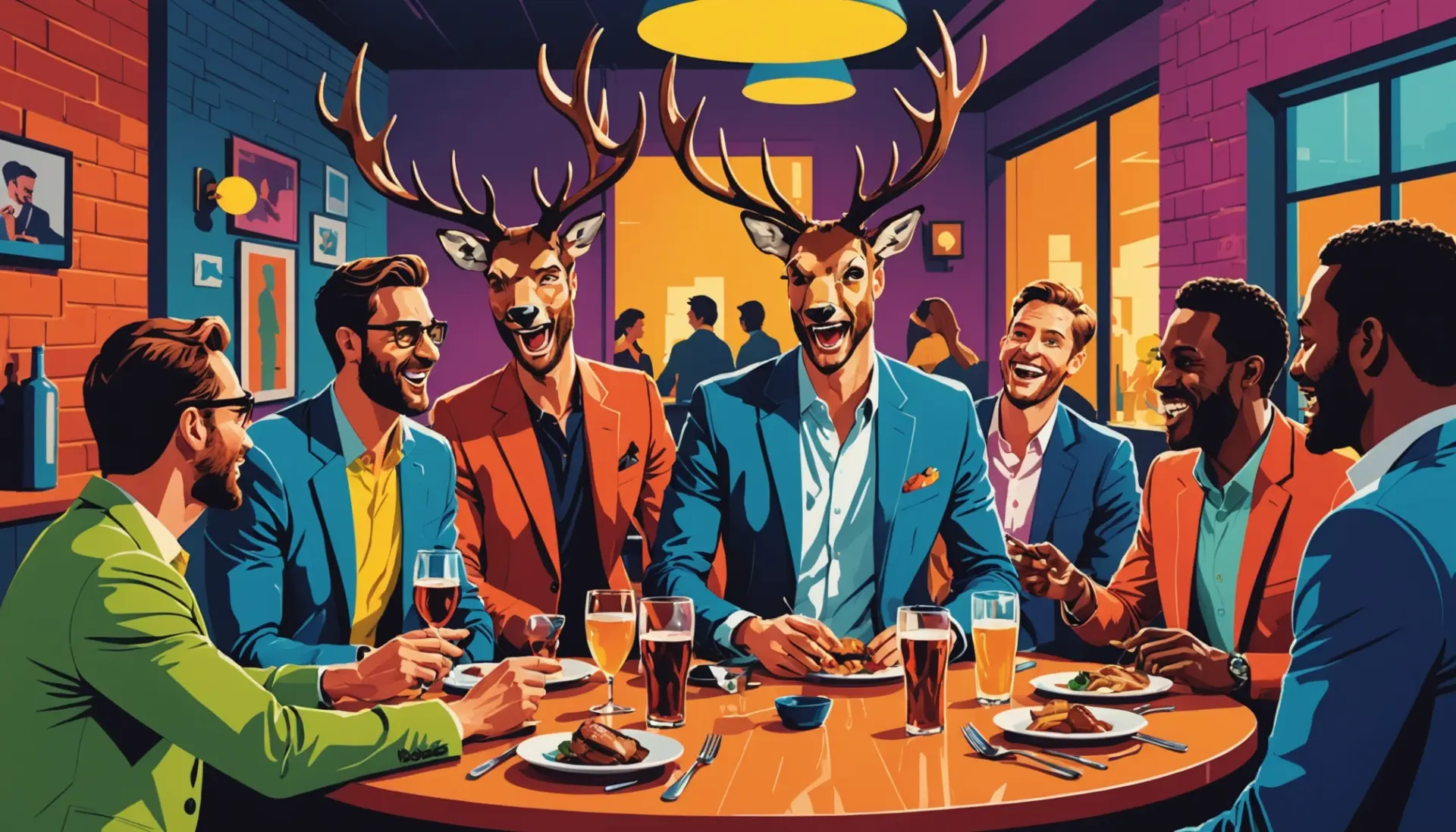 Editorial illustration showing a lively bachelor party scene, caption concept for stag urban dictionary