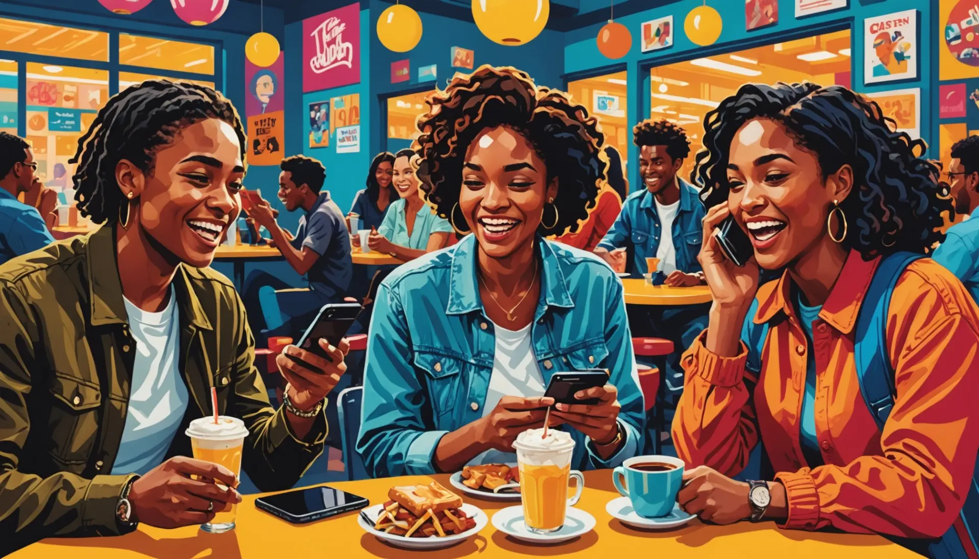 Editorial illustration showing diverse young people expressing 'super excited in slang nyt' vibes