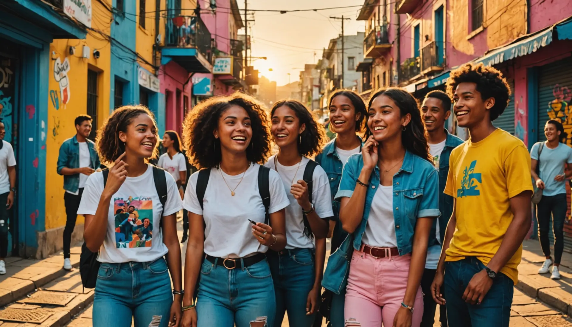 A vibrant street scene illustrating Colombian slang words in conversation