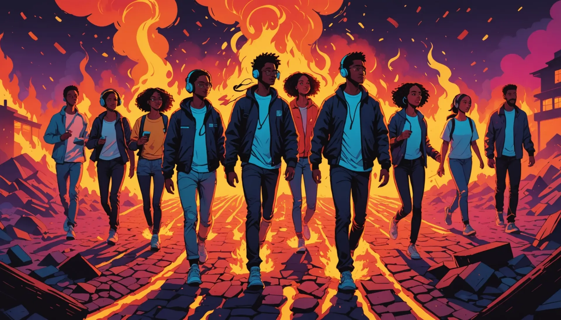 Editorial illustration showing people crossing glowing embers, titled concept for what does firewalk mean