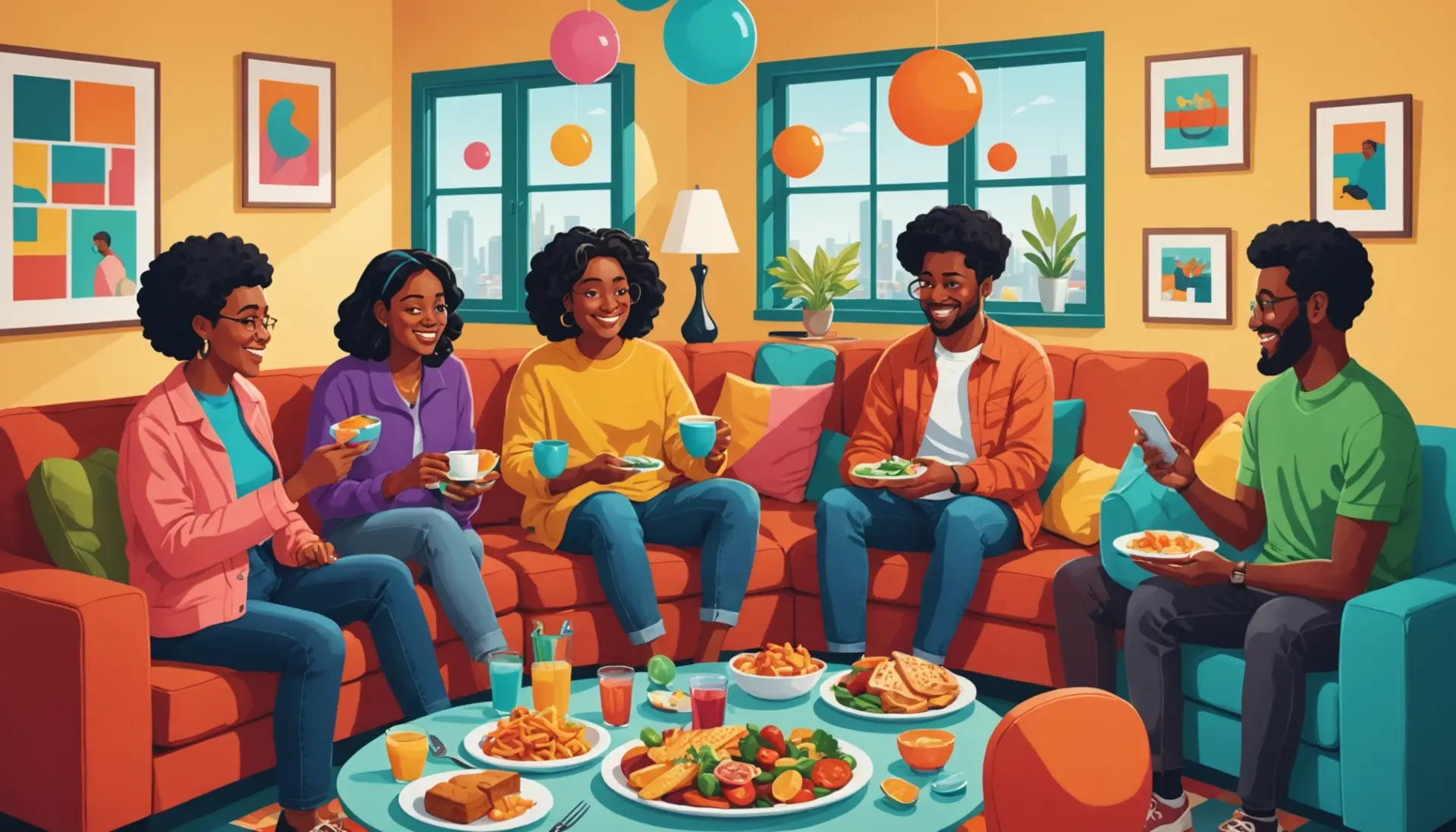 Editorial illustration showing characters representing the feederism urban dictionary subculture, labeled conversations and food imagery, feederism urban dictionary