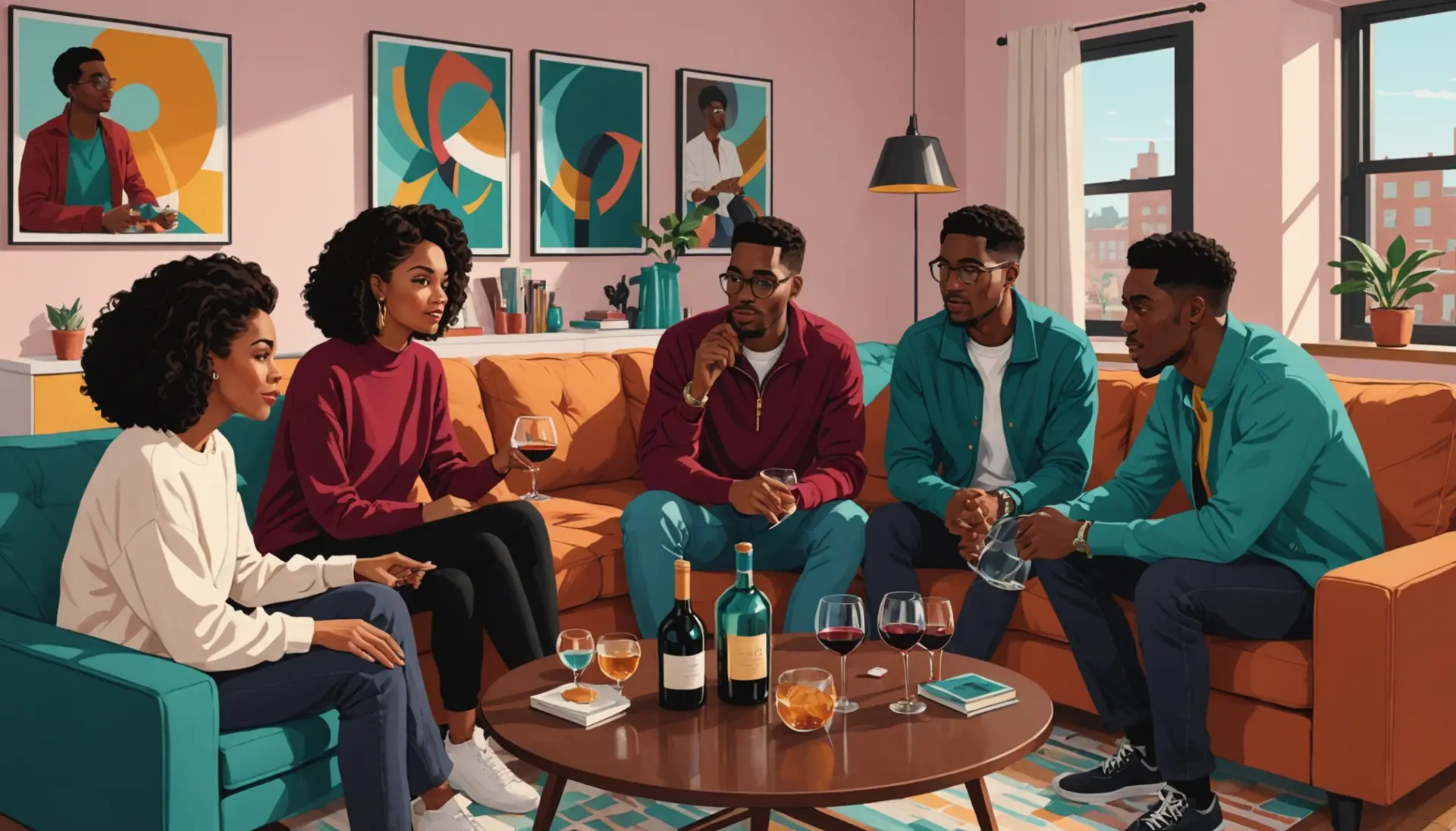 Editorial illustration showing a decanter and people socializing, referencing decanter definition slang