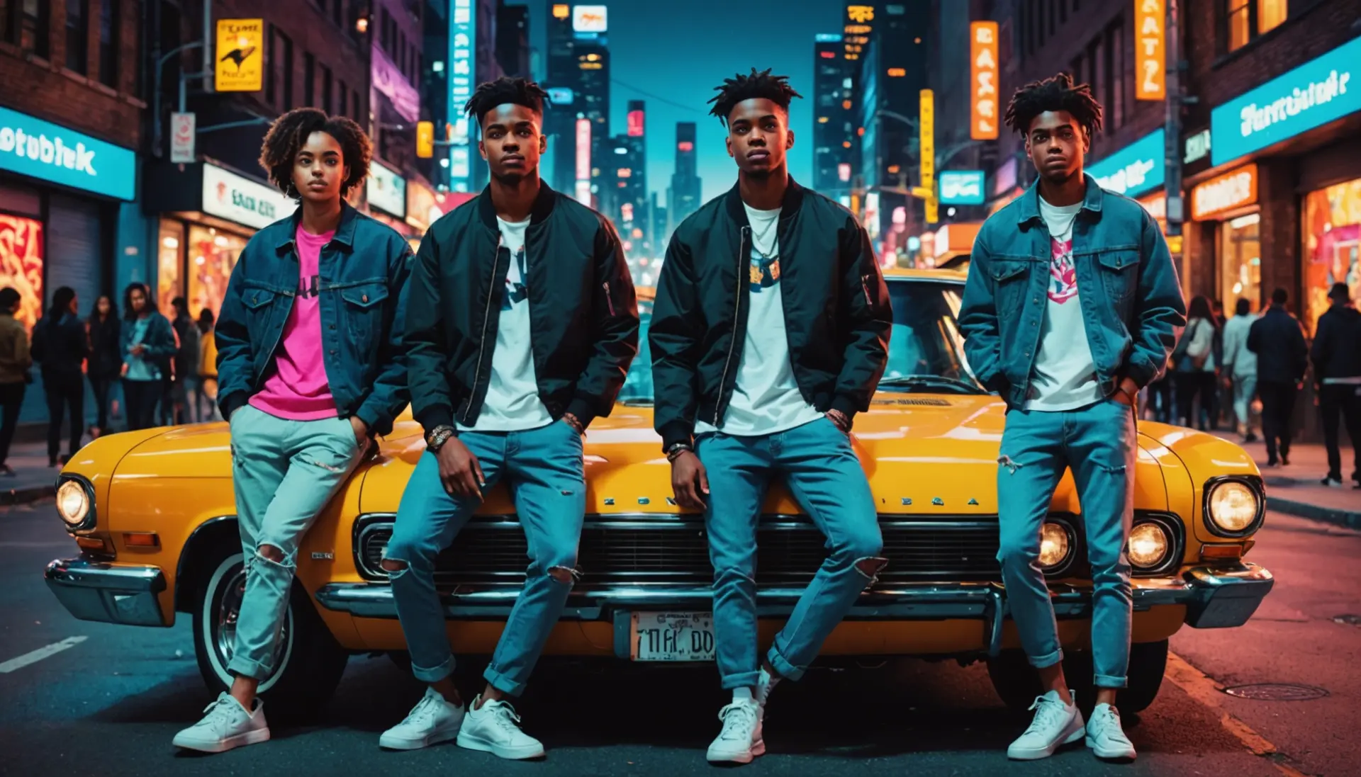 Editorial illustration of urban figures under neon lights, caption theme capo meaning slang