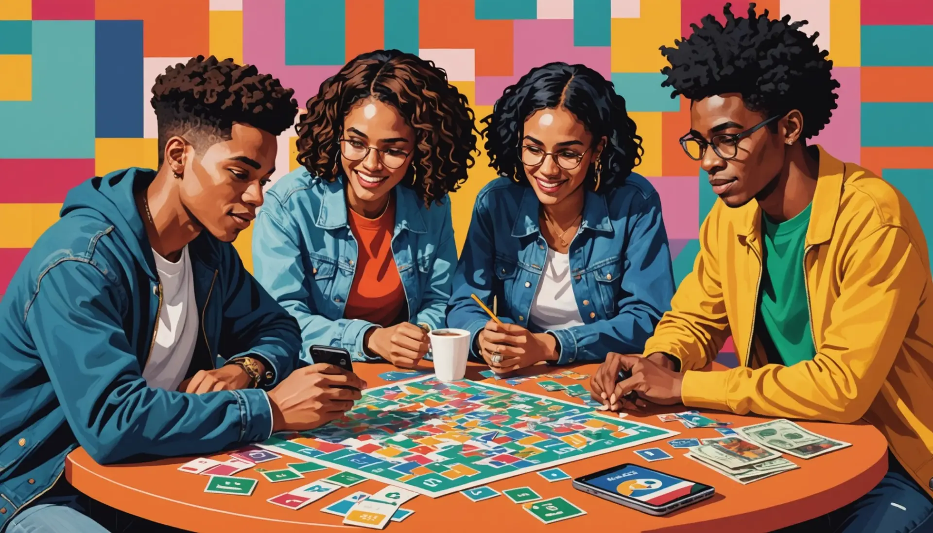 Editorial illustration showing hip young people trading slang terms for money, with the phrase money in slang 7 little words implied