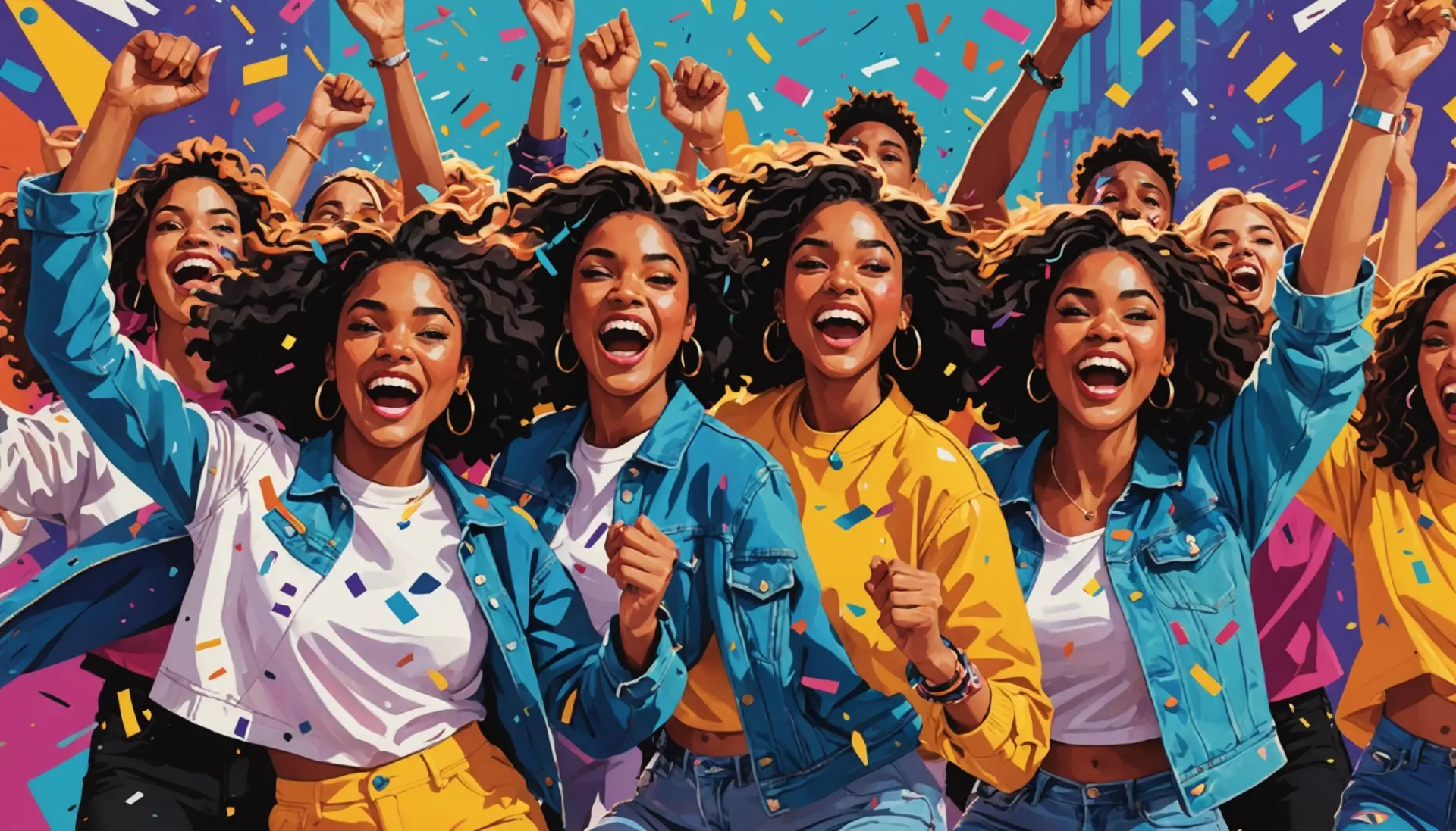 Editorial illustration showing people reacting super-excited, in slang with vibrant expressions