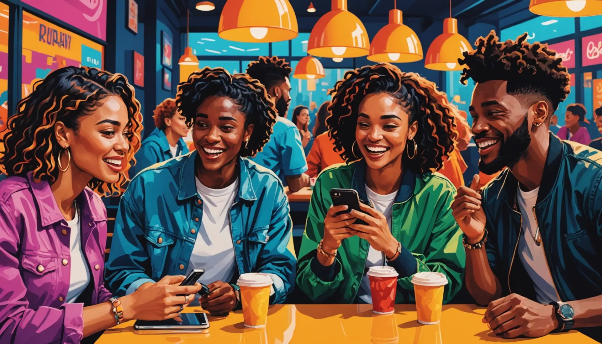 Editorial illustration showing friends reacting to something really cool in slang