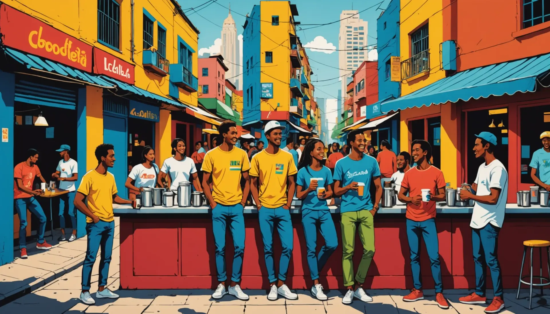 Editorial illustration showing young people using Colombian slang at a coffee stand, with scenes referencing music and city life, Colombian slang