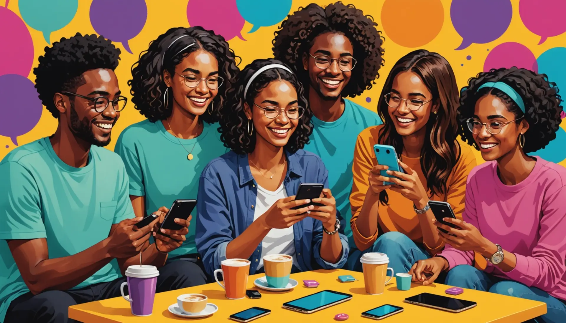 Editorial illustration showing people texting with the phrase 'what is ight mean in text' as a visual motif