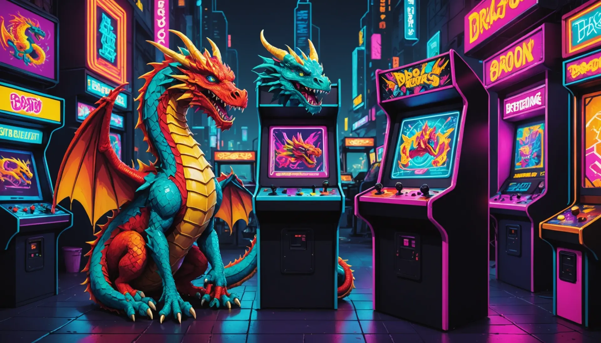 Editorial illustration showing two stylized dragons and retro arcade elements, concept for double dragon urban dictionary