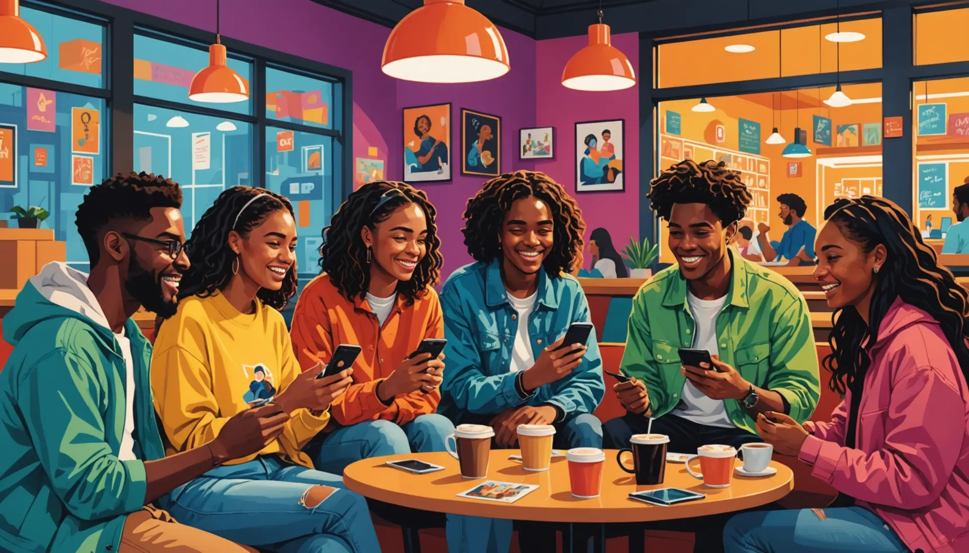 Illustration of people talking about french frying urban dictionary over coffee