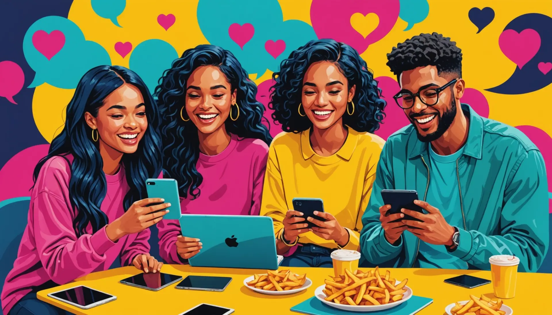 Illustration showing fans discussing 'french fries urban dictionary love island' on phones and TV screens