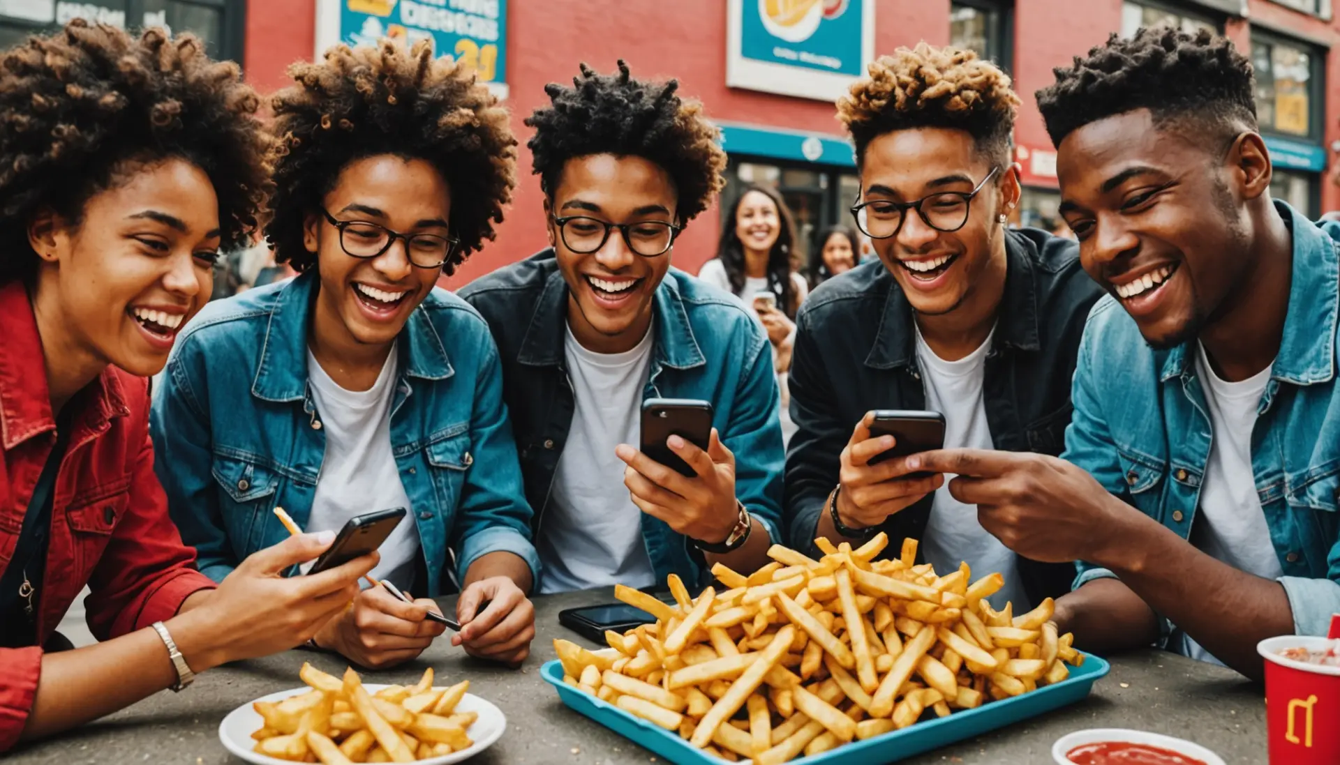 Illustration showing people checking what is a french fry urban dictionary on a phone