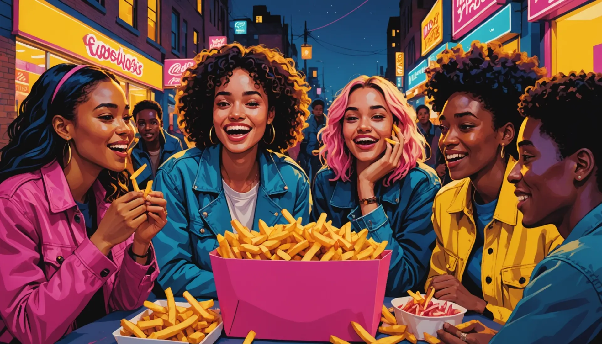 Editorial illustration of people sharing fries, captioned scene evoking fries urban dictionary slang meanings