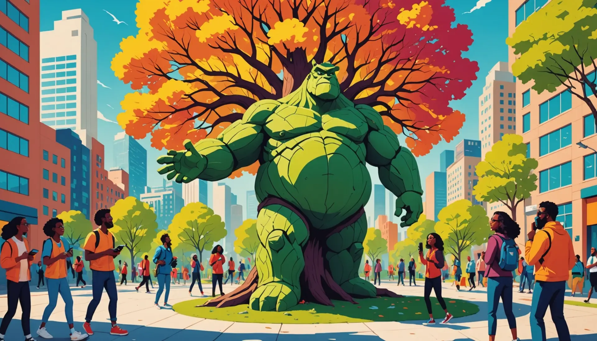 Vibrant editorial illustration representing groot meaning slang with a gentle giant vibe