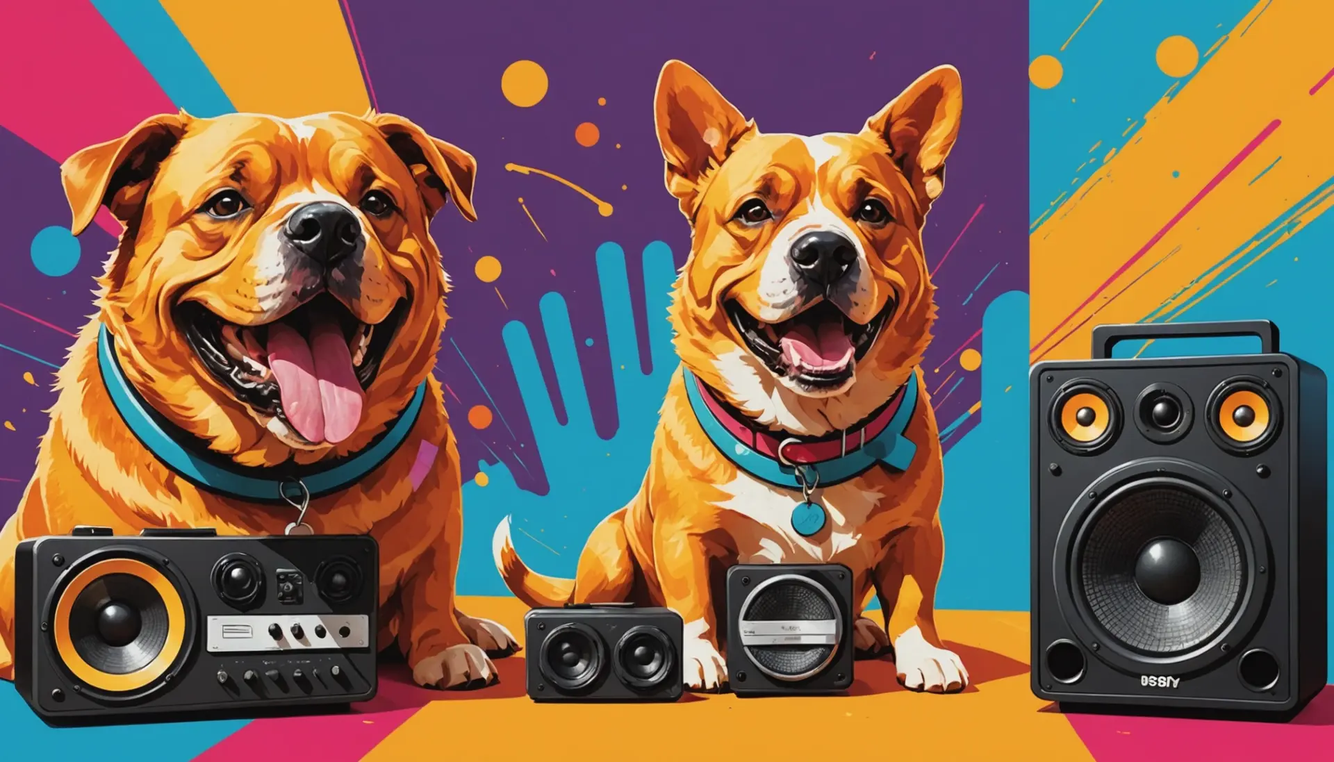Editorial illustration depicting the phrase woofer slang meaning with a dog, a speaker, and a person