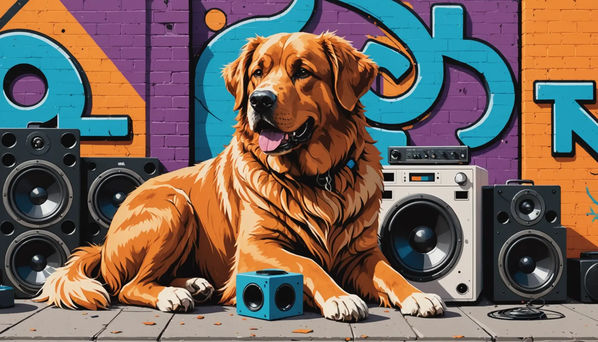 Editorial illustration showing a big fluffy woofer dog next to a bass speaker, representing woofer definition slang