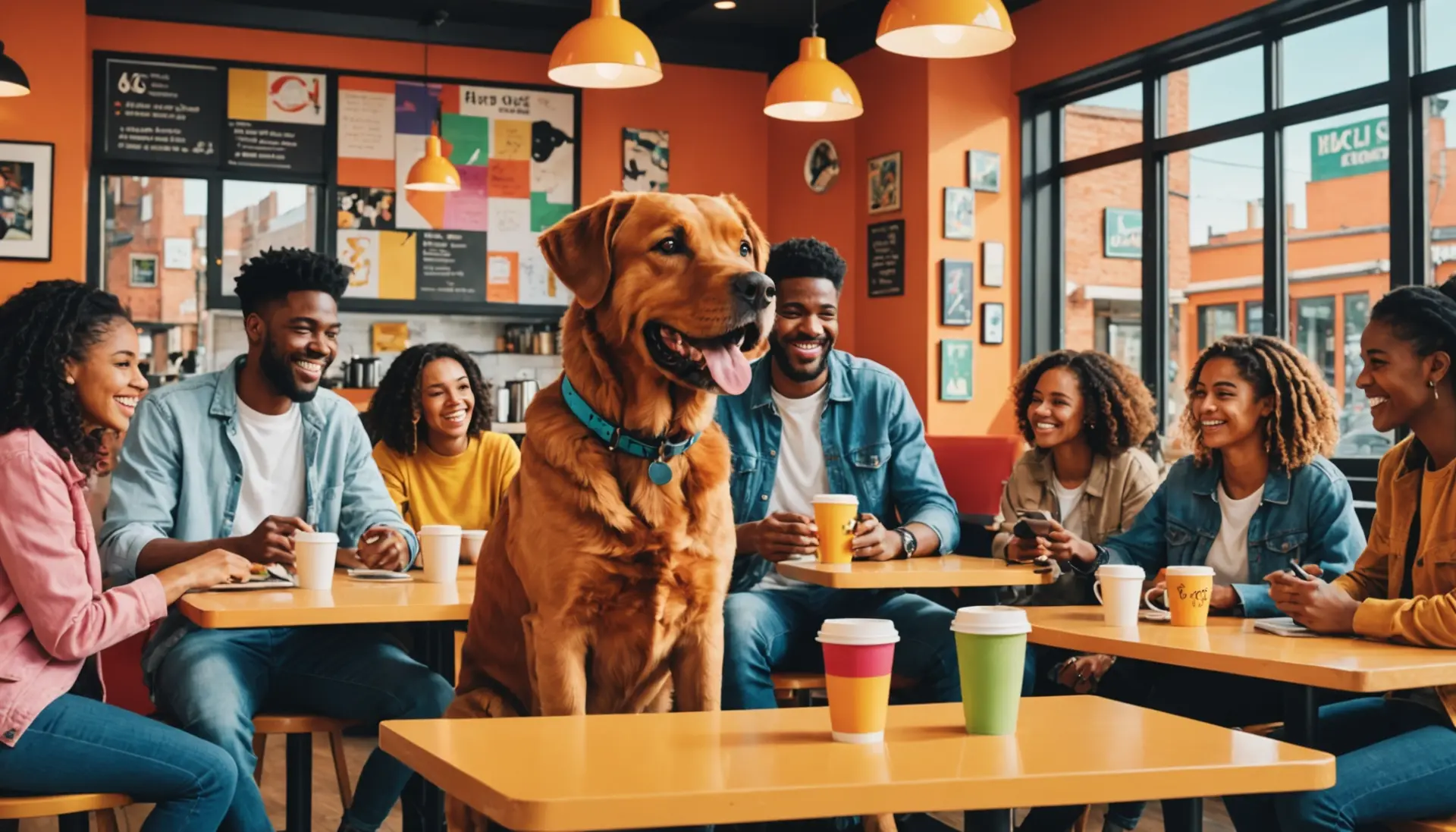 Editorial illustration of a big friendly dog labeled with the phrase woofer urban dictionary vibe