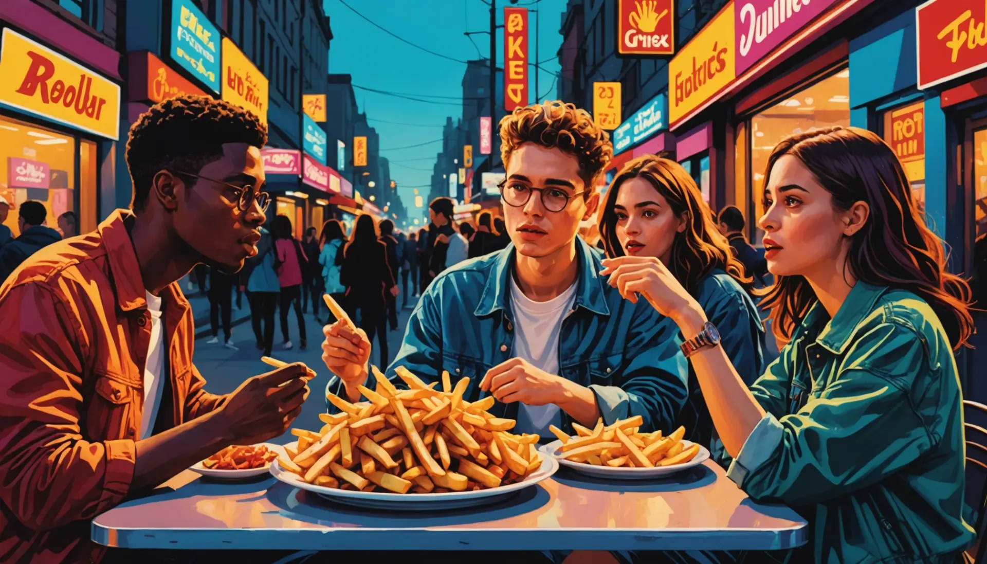 Editorial illustration showing people debating whats a french fry urban dictionary around a plate of fries