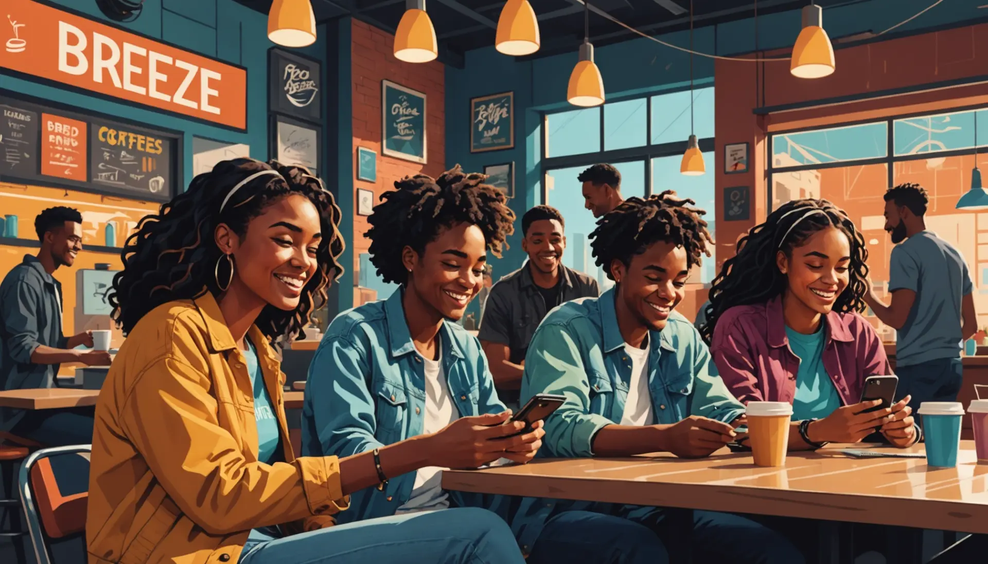 Editorial illustration showing young people using slang, with the phrase breeze meaning slang implied