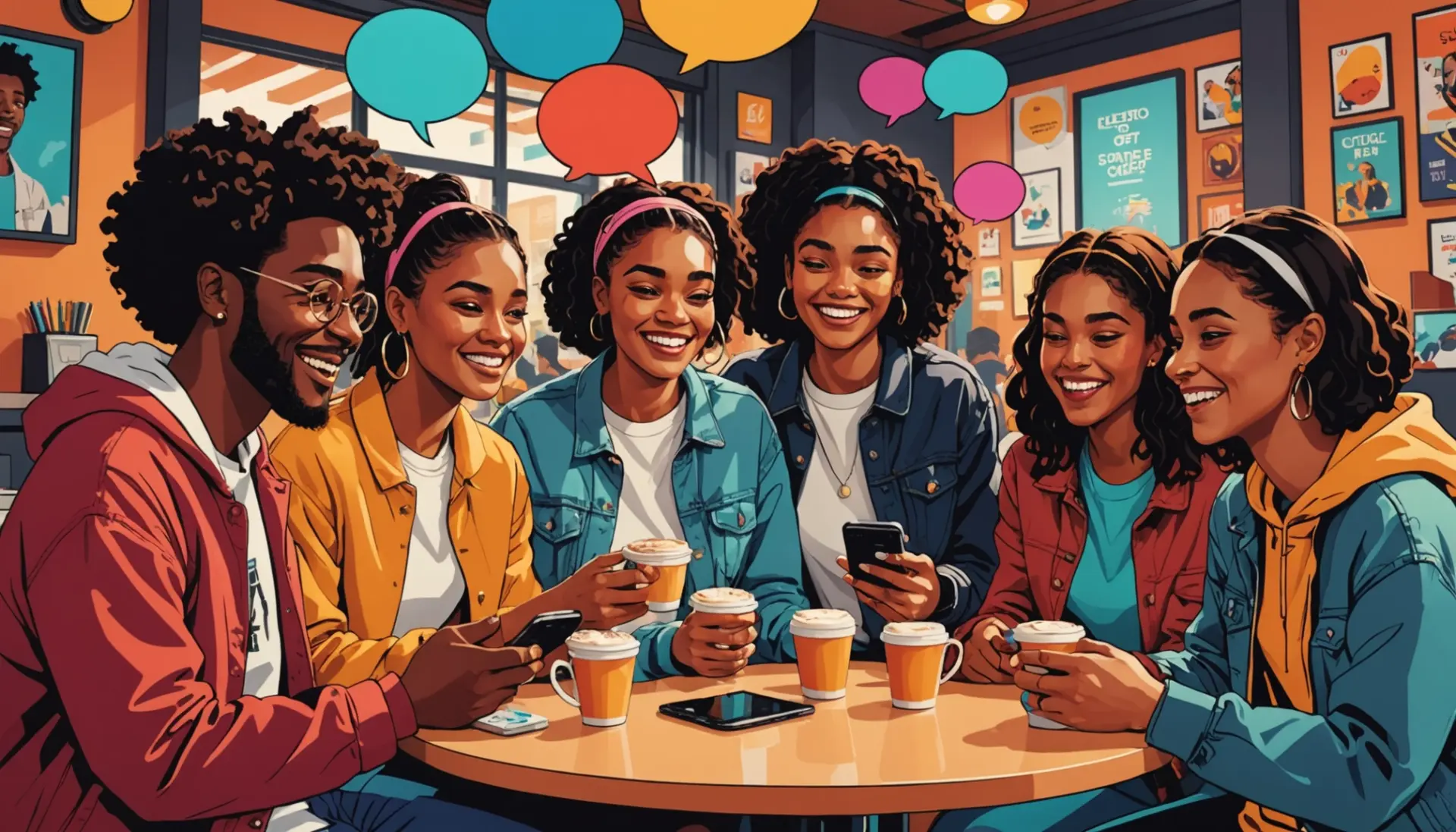 Editorial illustration of young people texting 'ggfl meaning slang' in speech bubbles