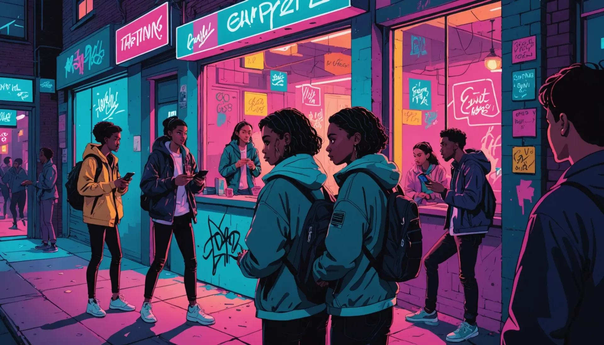 Editorial illustration showing urban scene with people giving sketch slang vibes, featuring the phrase sketch slang in concept