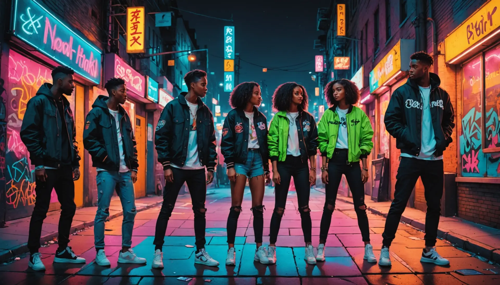 Editorial illustration of young people under neon lights with graffiti, showing the phrase jits slang in context