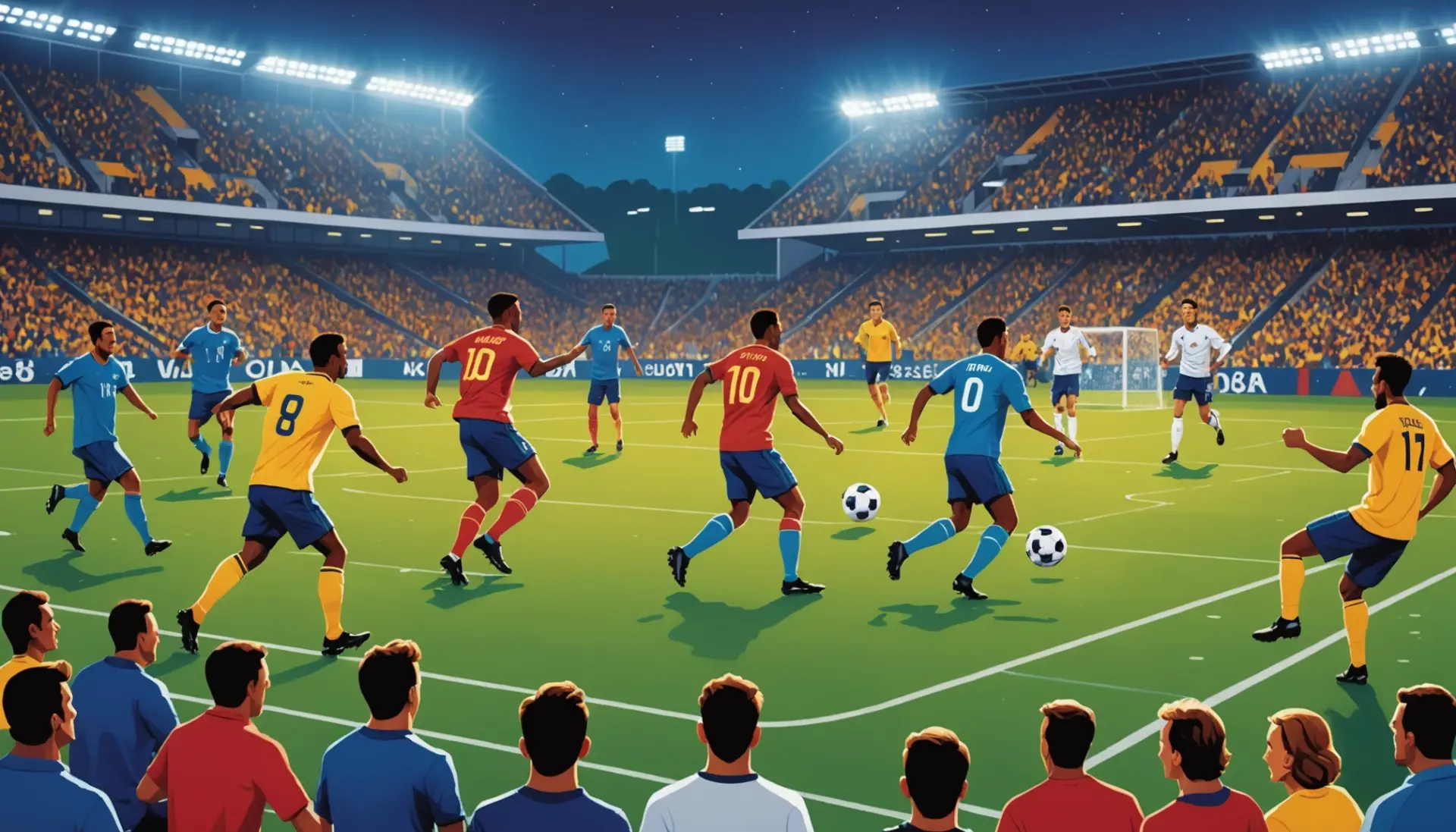 Editorial illustration showing players and fans with banners asking 'what does no golden goal mean' in a stylized scene