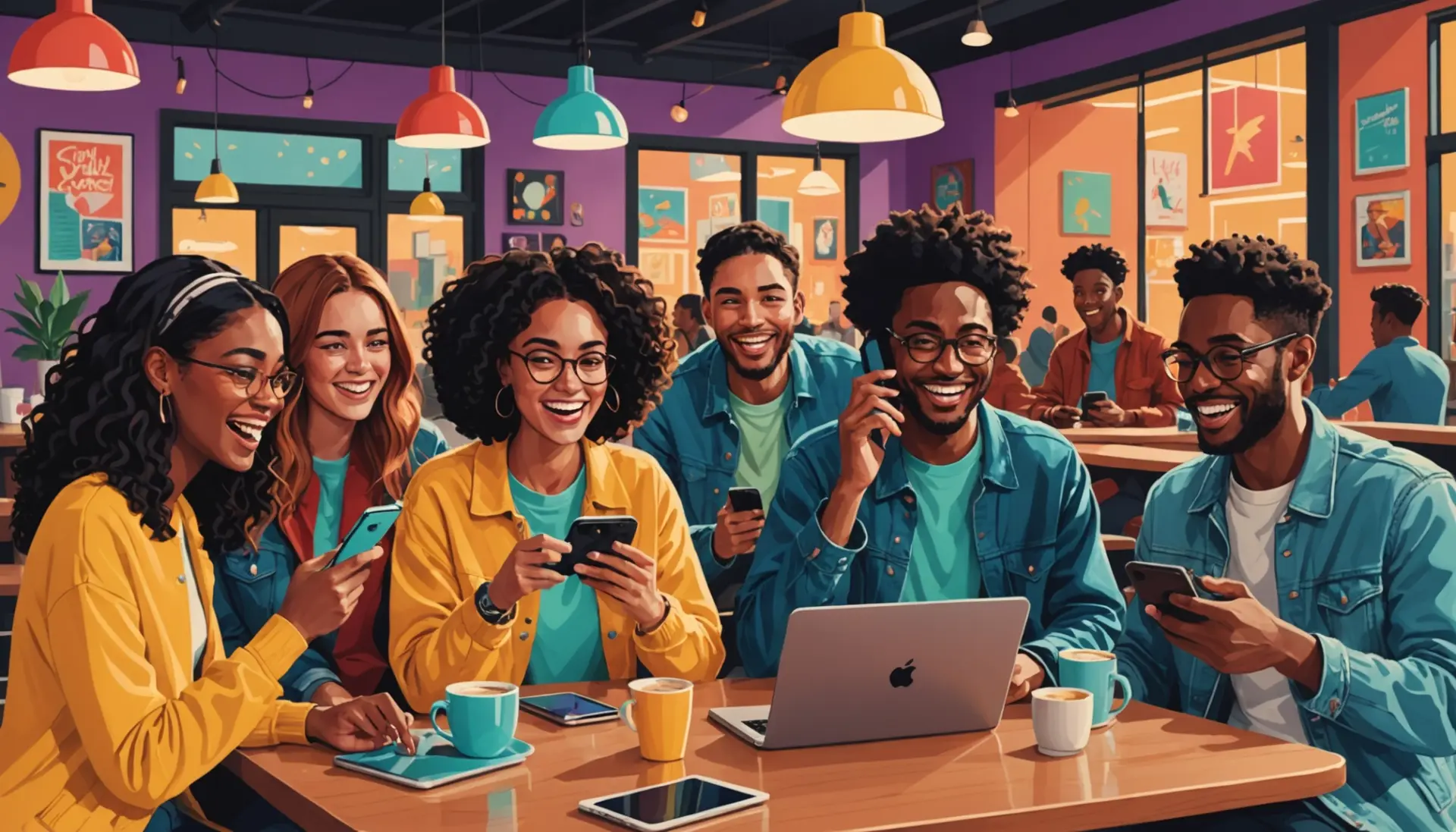 Editorial illustration showing people using phones with the phrase popped urban dictionary visible in app-style bubbles