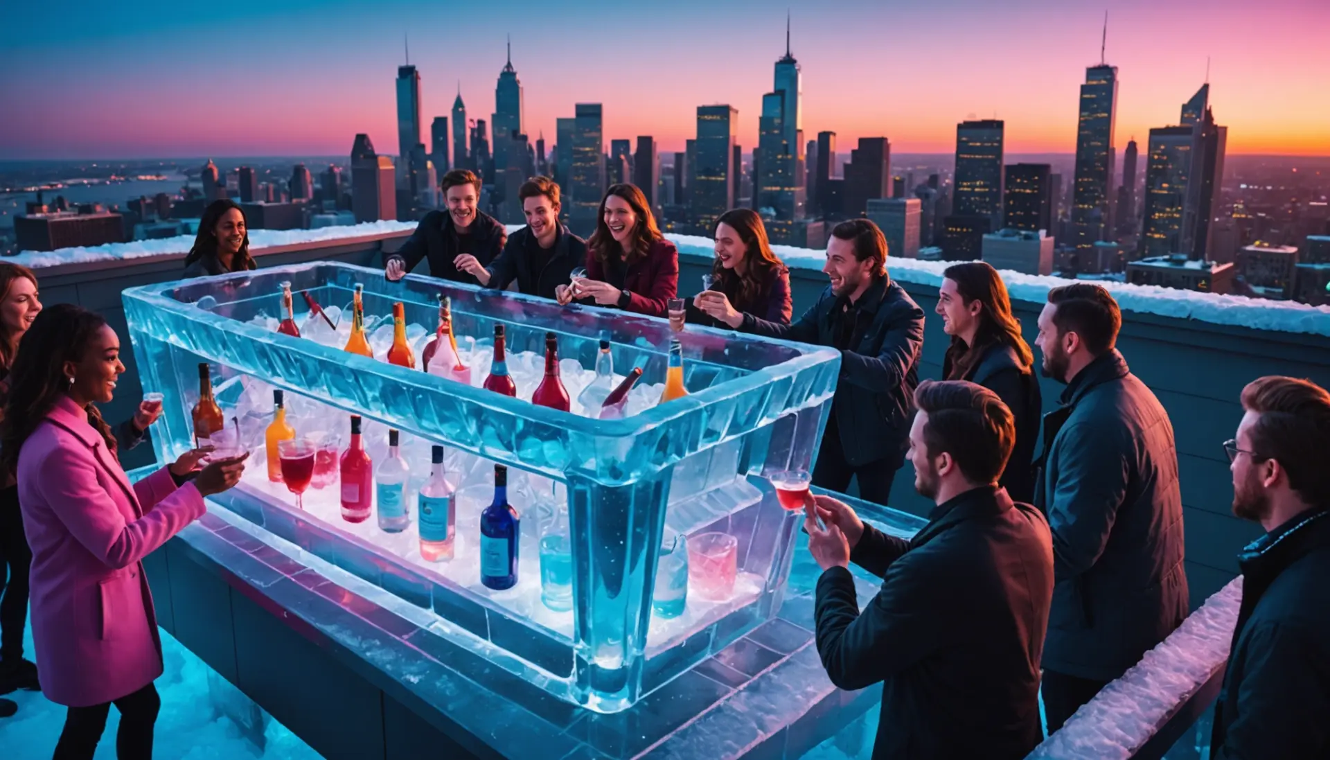 Editorial illustration of people using an ice luge at a party, concept of luge meaning slang