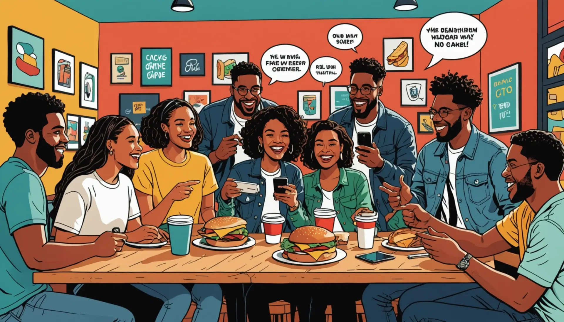 Editorial illustration showing people using slang for huge in speech bubbles