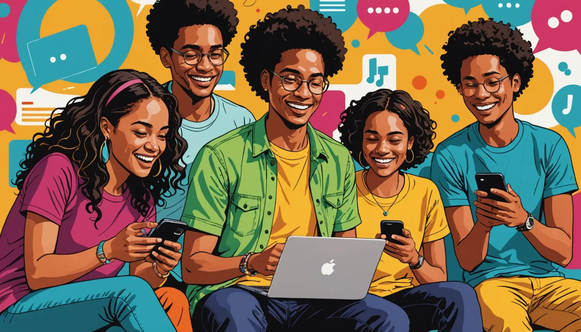 Editorial illustration of people texting the phrase what does y si si mean on colorful phones, depicting bilingual slang culture