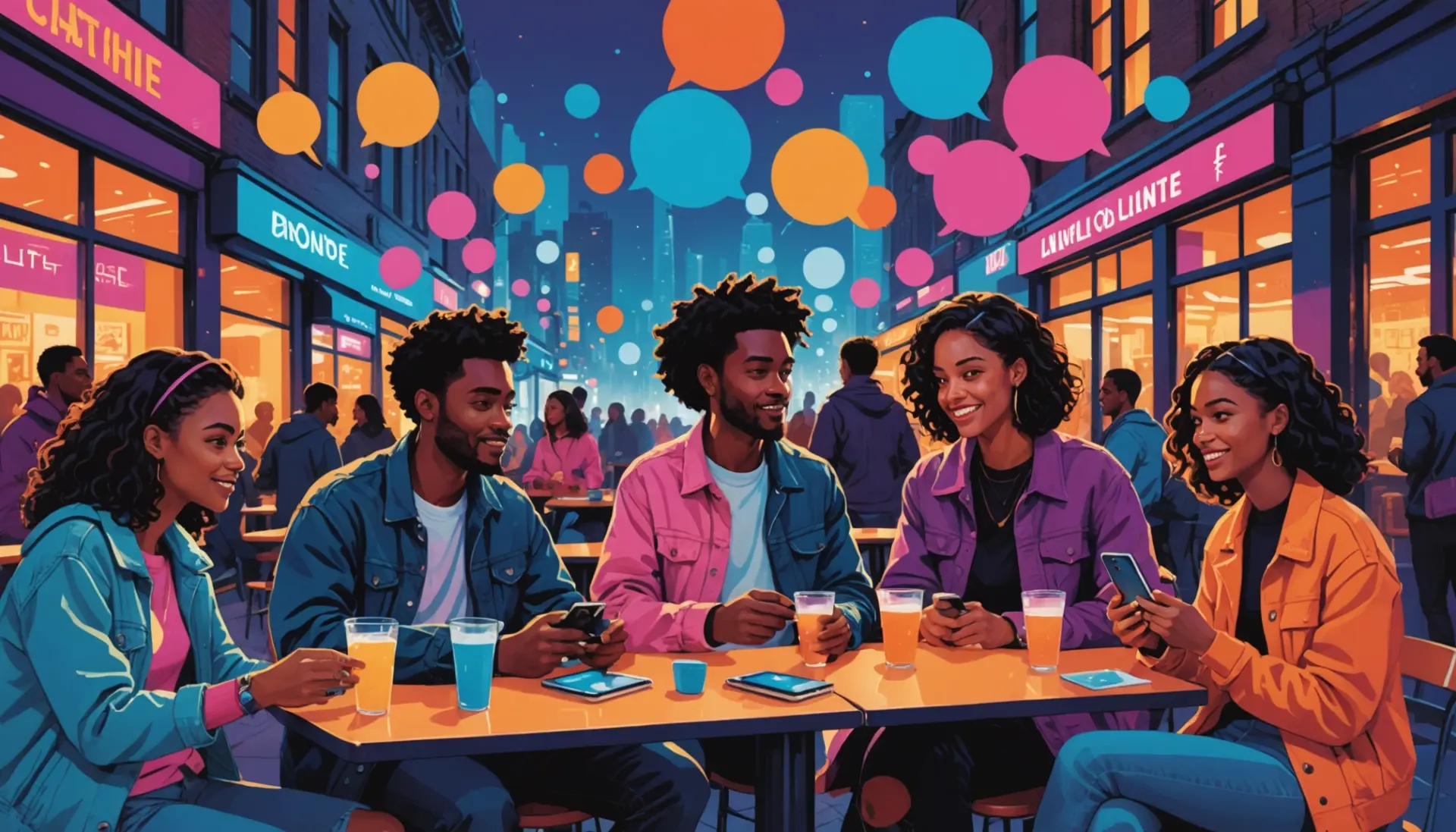 Editorial illustration showing people texting 'what does ny mean in texting' with city skyline and chat bubbles