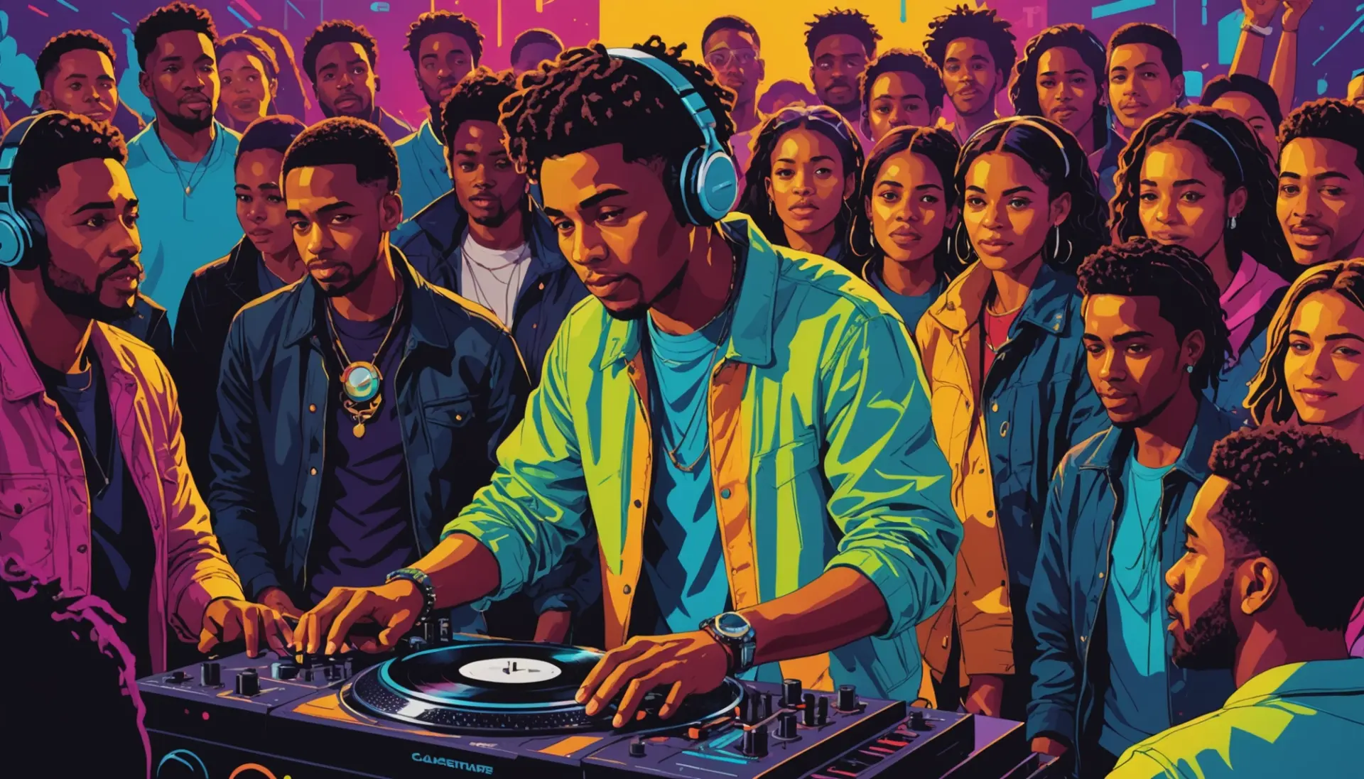 Editorial illustration showing people DJing and curating a crowd, concept for what does djing mean slang