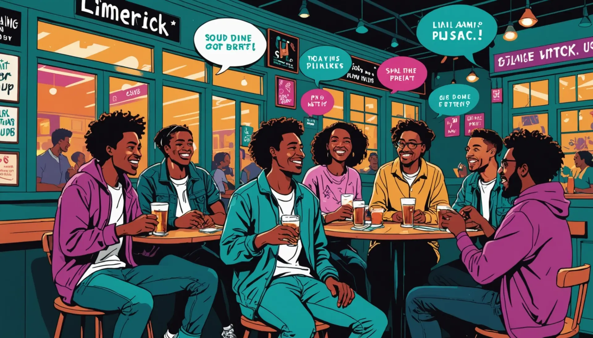 Editorial illustration showing limerick meaning slang in playful street culture context