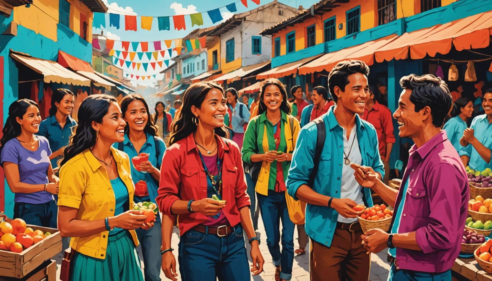 Illustration showing young people using ecuadorian slang in a colorful Ecuadorian market scene, highlighting ecuadorian slang