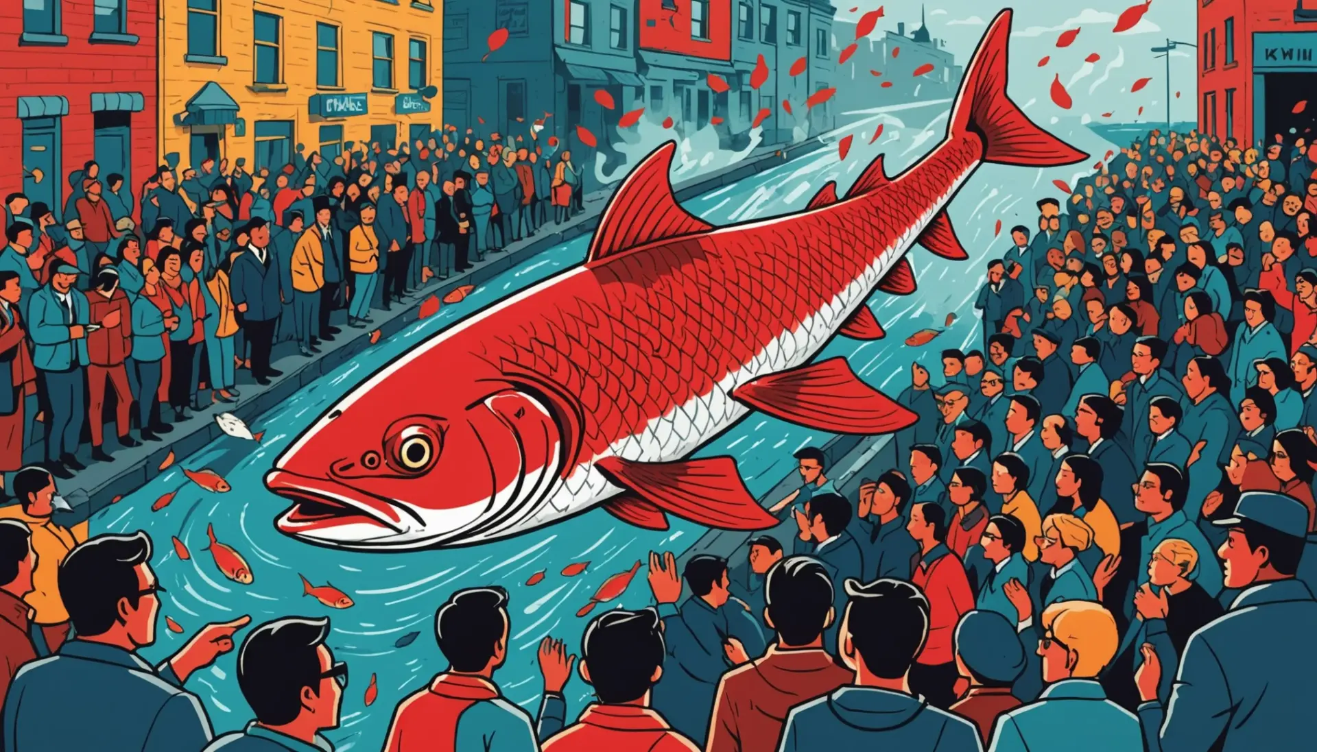Editorial illustration showing the phrase what does red herring mean as a metaphorical fish leading attention away