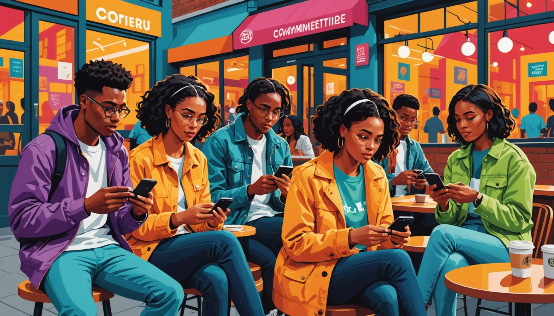An editorial illustration representing what does btw mean texting with people texting and the phrase in concept, what does btw mean texting