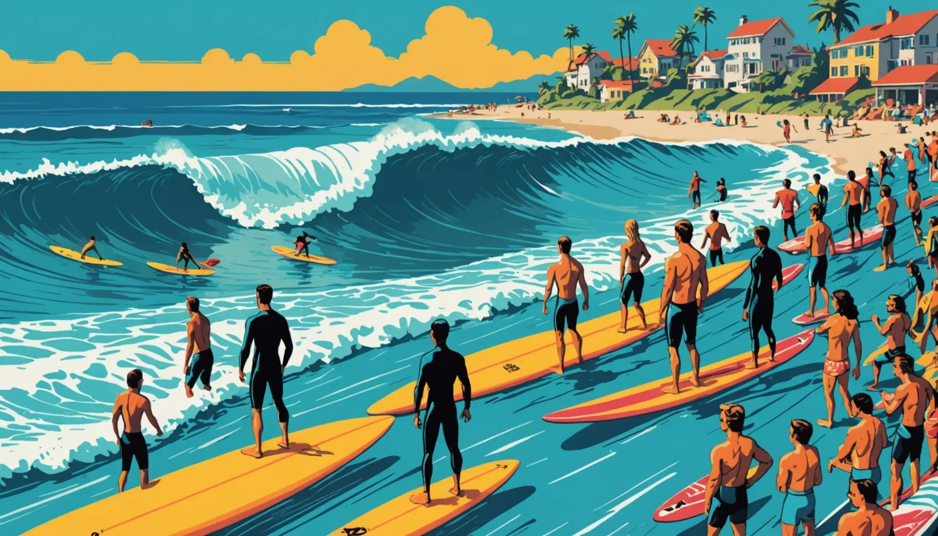 Editorial illustration showing surfers and onlookers with a highlighted newbie labeled kook meaning slang