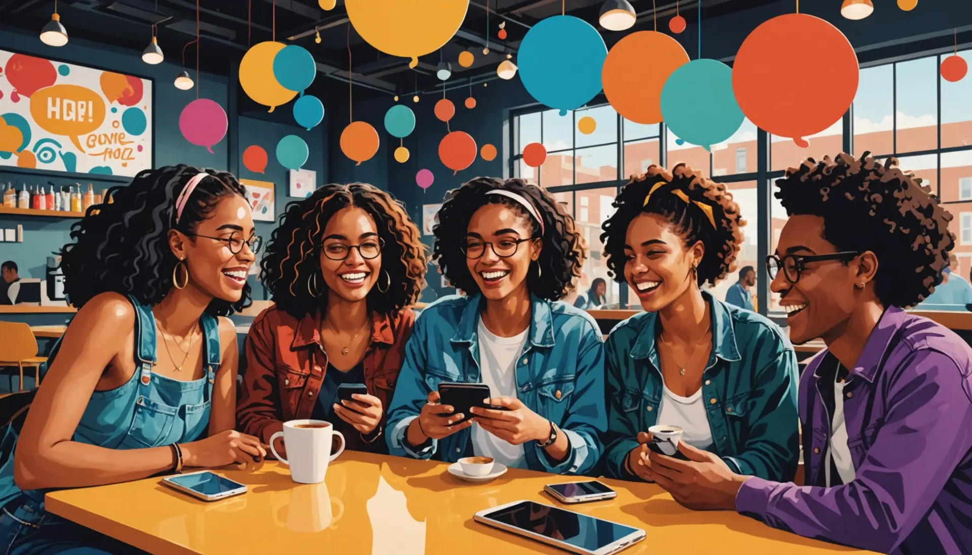 Editorial illustration showing young people using phones with speech bubbles, caption includes bih slang