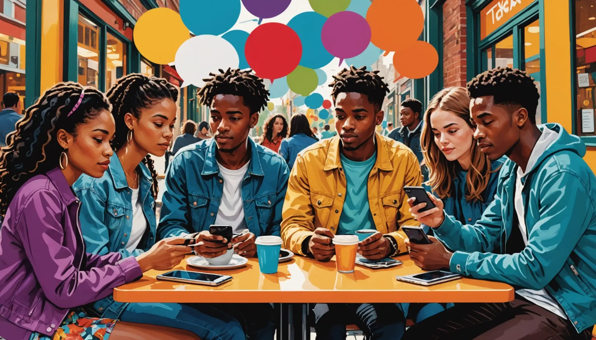 Editorial illustration showing people texting, with caption concept about what is the past tense of text