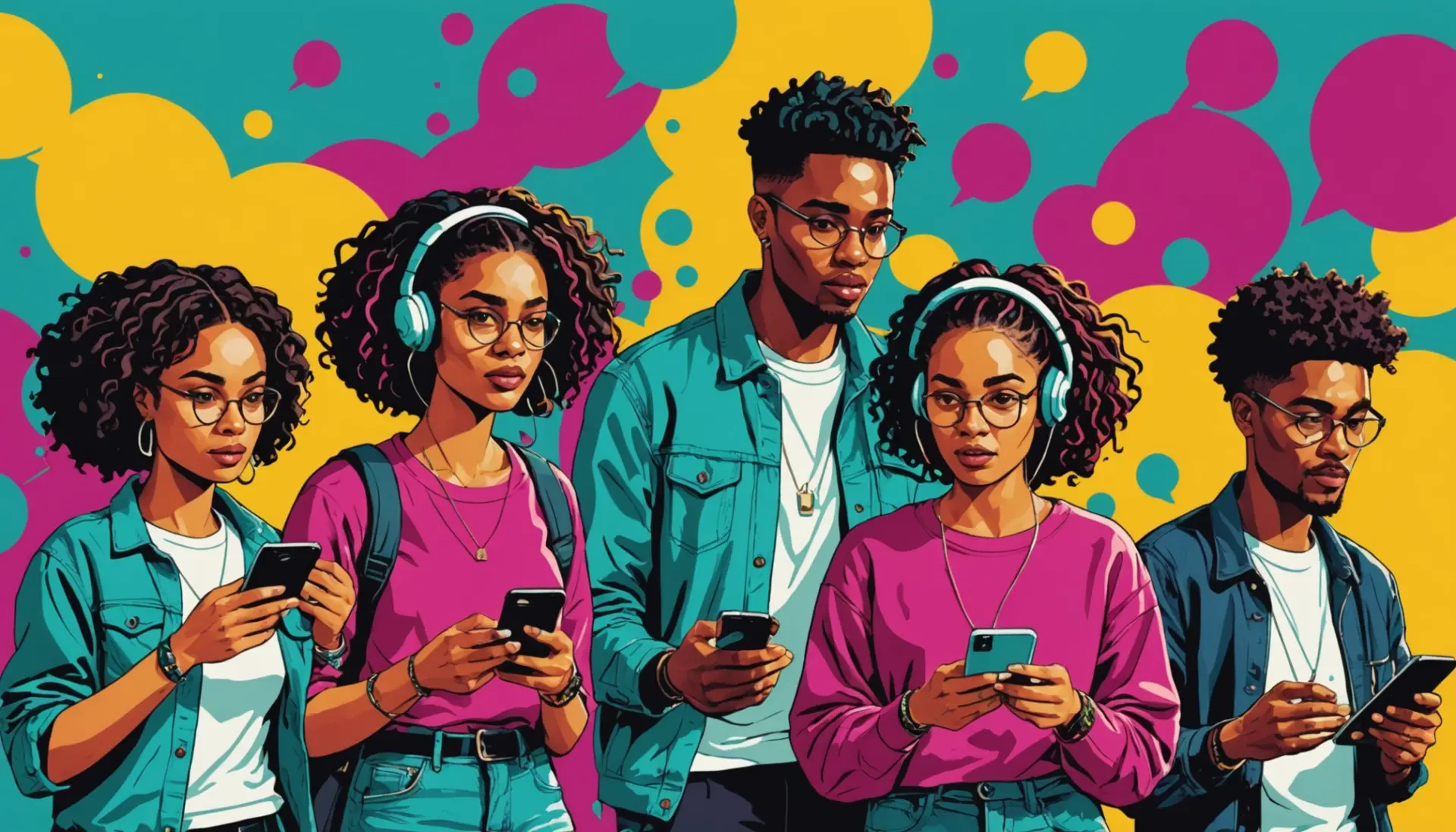 Editorial illustration showing people texting the phrase what does jc mean in texting on colorful speech bubbles
